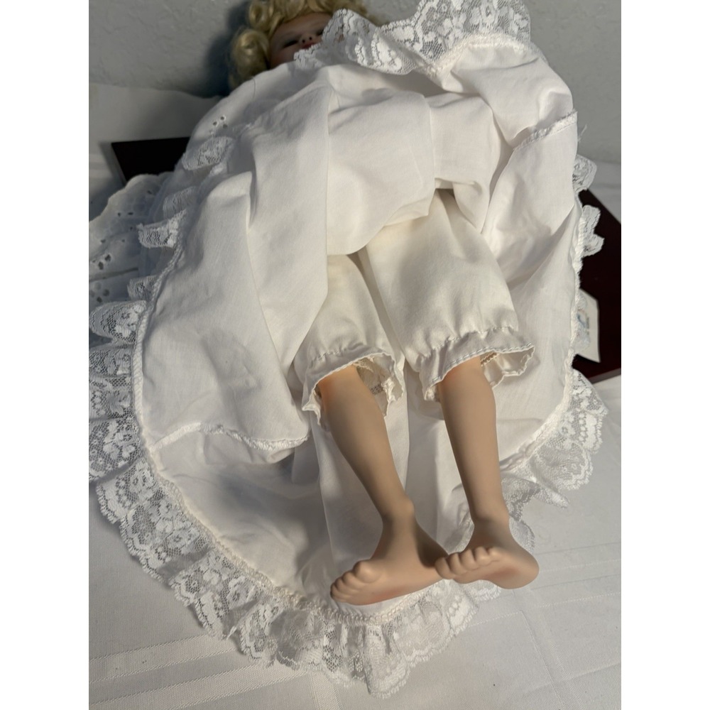 Curly Blonde Hair Porcelain Doll 16" Blue Eyes All White Gown - Picture 11 of 13